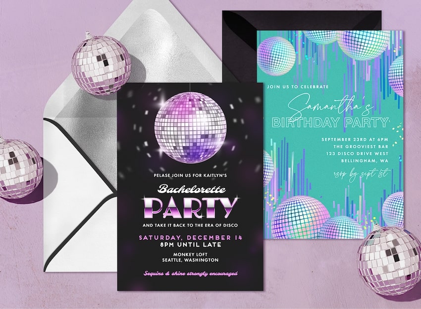 2 disco party invitations and 3 small disco balls