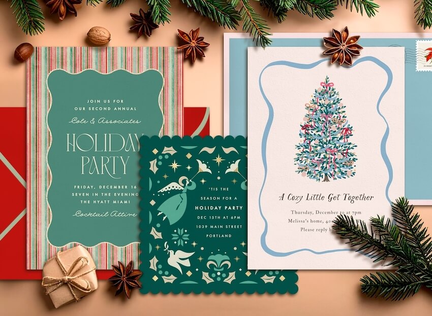 3 holiday party invitations and Christmas decors