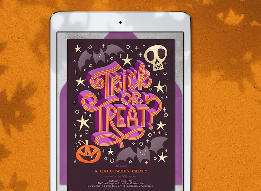 Halloween invitations: Trick Or Treat Invitation on a tablet screen