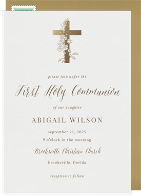 'Gilded Floral Cross' First Communion Invitation